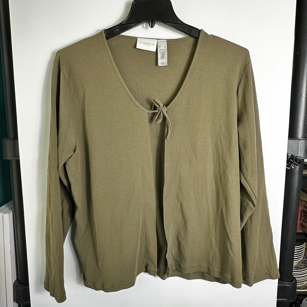 Liz Claiborne Womens XL Olive Green Tie Front Cardigan Style Long Sleeve Top